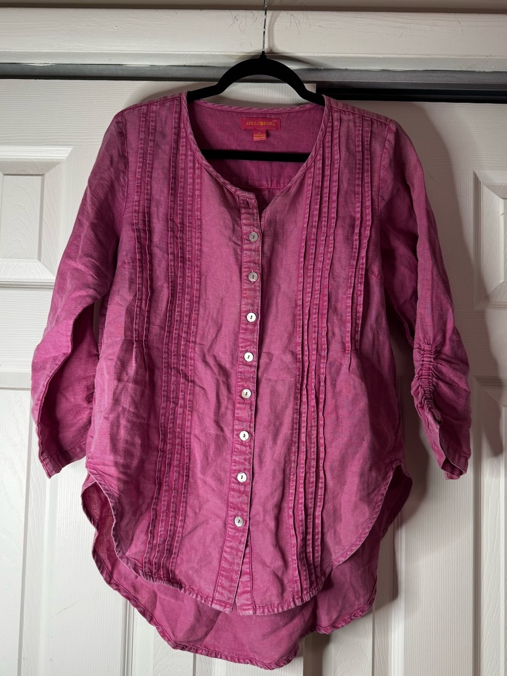 April Cornell Linen Pink Button-Front Pintuck Blouse - Size S